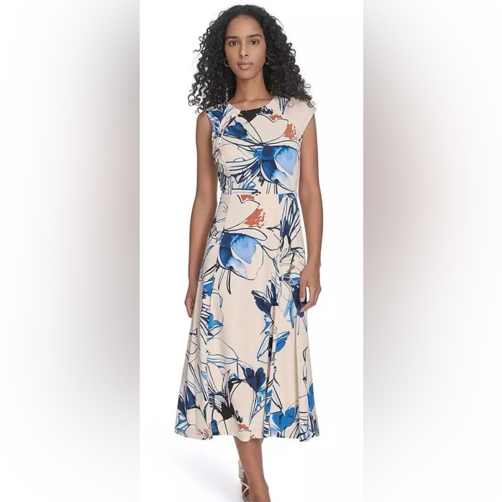 Calvin Klein Beige and Navy Floral A-Line Dress